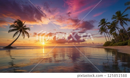 tropical beach at sunset with palm trees silhouetted against a vibrant colorful sky tropical beach at sunset with palm trees silhouetted against a vibrant colorful sky 125851588