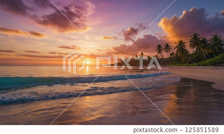 tropical beach at sunset with palm trees silhouetted against a vibrant colorful sky 125851589