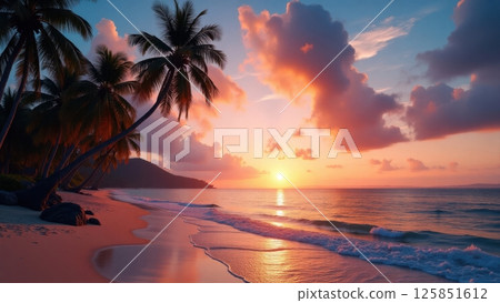 tropical beach at sunset with palm trees silhouetted against a vibrant colorful sky 125851612