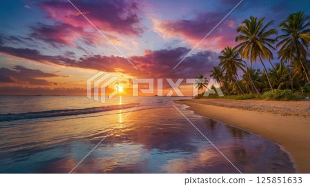 tropical beach at sunset with palm trees silhouetted against a vibrant colorful sky 125851633