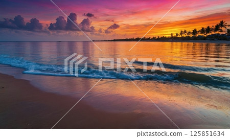 tropical beach at sunset with palm trees silhouetted against a vibrant colorful sky 125851634