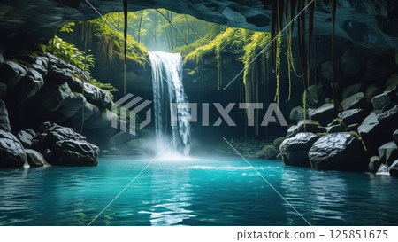 hidden waterfall deep inside a lush jungle cave 125851675