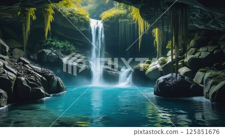 hidden waterfall deep inside a lush jungle cave 125851676