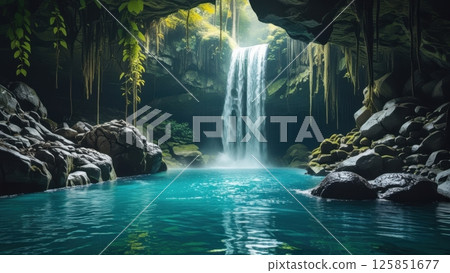 hidden waterfall deep inside a lush jungle cave 125851677
