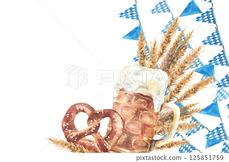 Mug of Beer with pretzel and malt ears, spike against of blue rhombus Bavarian flags elements on the rope, triangular pennant Oktoberfest garland. Watercolor hand drawn banner. Isolated illustration 125851759
