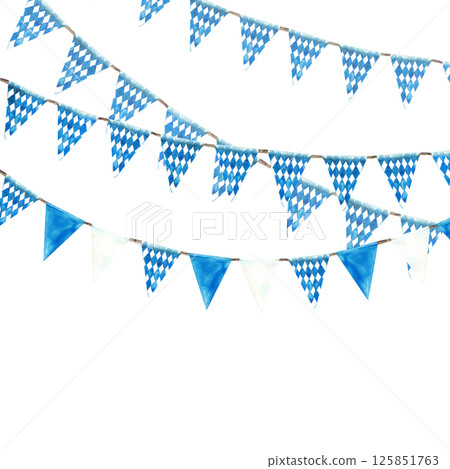 Garland with blue, rhombus and white flags hanging on rope rectangular banner. Triangular pennant decoration on Oktoberfest Germany beer festival. Watercolor hand drawn template isolated illustration 125851763