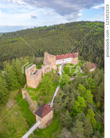 Velhartice Castle, an impressive medieval structure, stands atop a hill, embraced by lush greenery. The aerial view highlights its unique architecture and surrounding landscape on a clear day. 125852019