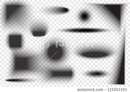 Circle drop shadows with blurred effect. Realistic black oval transparent shapes. Circular gradient shades on floor surface. Dark soft edge ellipses. Vector set 125852103