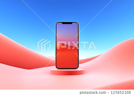 Smartphone on a podium with a bright red and blue background, showcasing its sleek design. The vibrant colors highlight the phone's modern features, making it stand out in a dynamic advertisement 125852108