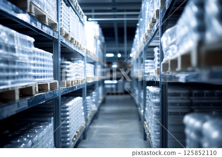 Large air conditioning unit with metallic shelves, maintaining a cool temperature in a clean factory environment, symbolizing industrial cooling and precision climate control 125852110