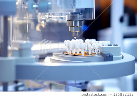Dental technician working in a lab, producing digital dental implants with advanced technology for precision. Digital production of dental implants in a high-tech laboratory Dental technician working in a lab, producing digital dental implants with advanced technology for precision. Digital production of dental implants in a high-tech laboratory 125852132