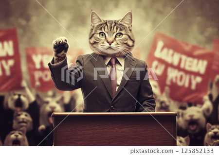 Funny cat dressed as a politician, delivering a passionate debate on stage with a humorous election slogan. election debate with a playful slogan Funny cat dressed as a politician, delivering a passionate debate on stage with a humorous election slogan. election debate with a playful slogan 125852133