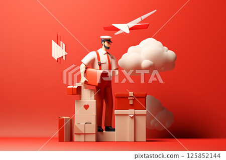 Professional courier in a red uniform holding boxes, featured on a red background for a dynamic delivery concept 125852144