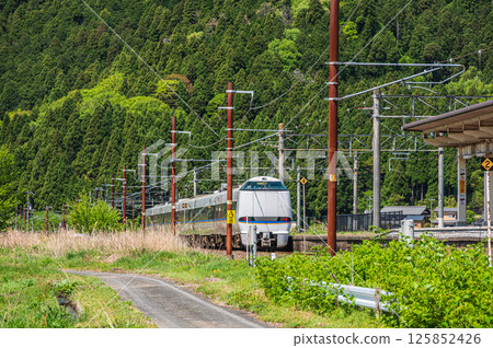 途經滋賀縣長濱市與鄉町北陸本線與鄉站的特快列車 125852426