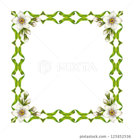 Watercolor floral frame with green vine, leaves, white flowers. Square frame template. Elegant and natural style, perfect for wedding invitations, greeting cards, quotes, or eco-friendly branding 125852536