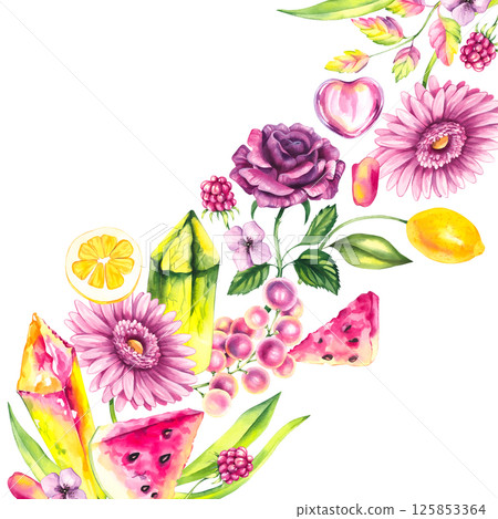 Watercolor illustration colored magical with fruits and crystals Watercolor illustration colored magical with fruits and crystals 125853364