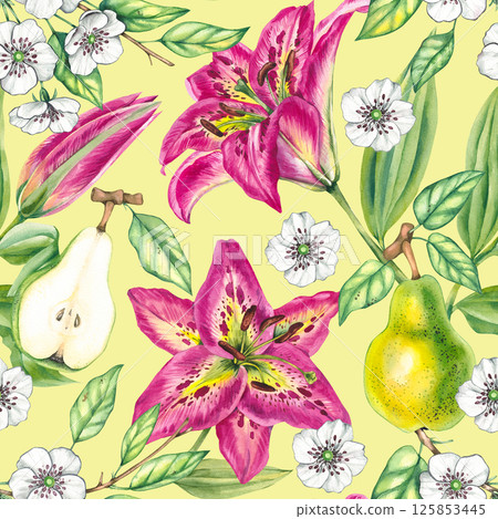 Botanical pattern watercolor with plants fruits and flowers 125853445