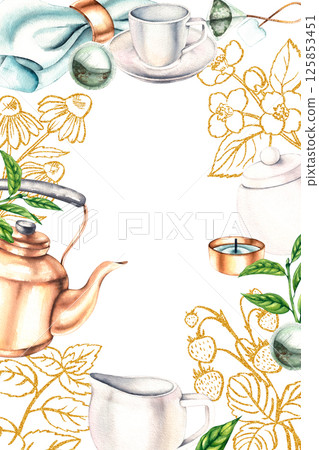 Hand painted gold tea set with herbs 125853451