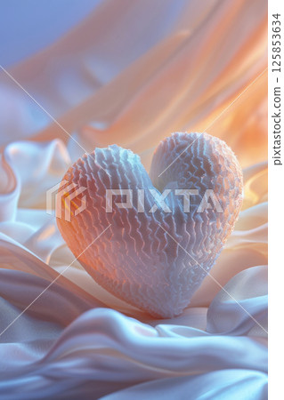 Elegant Heart-Shaped Sculpture on Soft Draped Fabric with Warm Lighting 125853634