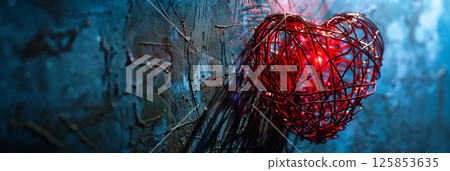 Romantic Red Wire Heart on Textured Blue Background, Modern Art for Valentine's Day Decor 125853635