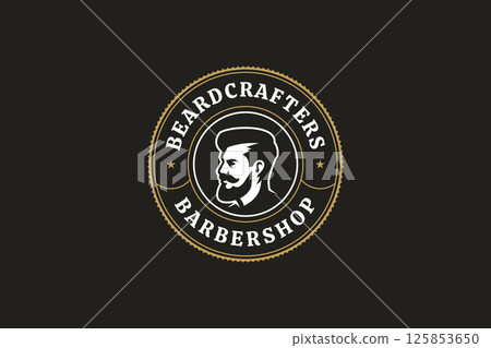 Unique retro logo representing a vintage barbershop service for grooming gentlemen's fashion 125853650