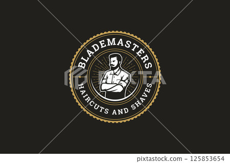 Barber Shop Emblem Featuring Classic Gentleman with Crossed Arms, Offering Haircuts and Shaves 125853654