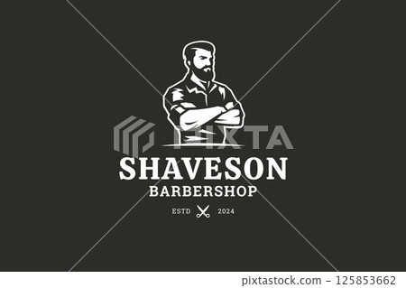 Modern Gentlemans Barbershop Logo with Bearded Man, Retro Style, and Vintage Emblem Design Modern Gentlemans Barbershop Logo with Bearded Man, Retro Style, and Vintage Emblem Design 125853662