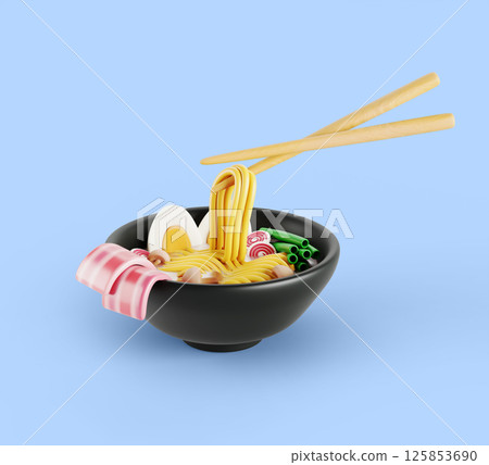 3d ramen soup in ceramic bowl with chopsticks. Japanese, Chinese and Korean cuisine dish with noodles, meat, egg, mushrooms, vegetables and spices. Asian food, render realistic icon. 3D illustration 125853690