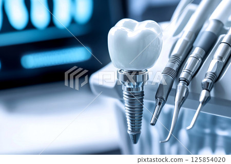 Close-up of a dental technician at work in a modern dental clinic, using a dental drill to treat a tooth, with dental tools and equipment visible in the background, highlighting precision Close-up of a dental technician at work in a modern dental clinic, using a dental drill to treat a tooth, with dental tools and equipment visible in the background, highlighting precision 125854020