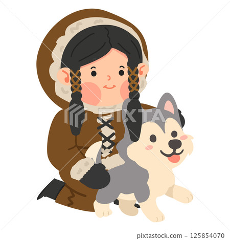 Cartoon Child with Dog in Winter Attire Cartoon Child with Dog in Winter Attire 125854070