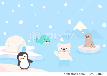 Cute Arctic Animals Illustration with Igloo 125854073