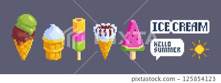 Pixel ice cream icons set isolated on background Pixel ice cream icons set isolated on background 125854123