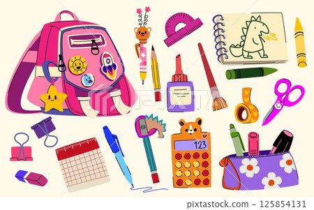 School bag and stationery set isolated on white School bag and stationery set isolated on white 125854131