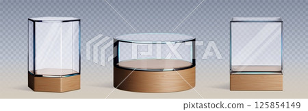 Glass displays on wooden platform set Glass displays on wooden platform set 125854149