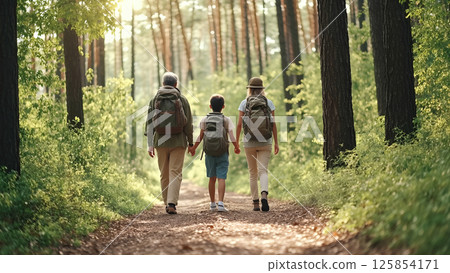 Outdoor adventures, focusing on individuals or families walking, hiking, or exploring nature trails, emphasizing the connection to the natural world. 125854171
