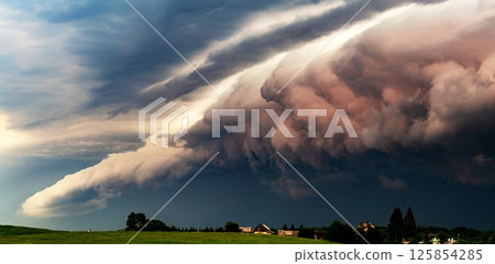Shelf storm clouds with intense tropic rain over village Shelf storm clouds with intense tropic rain over village 125854285