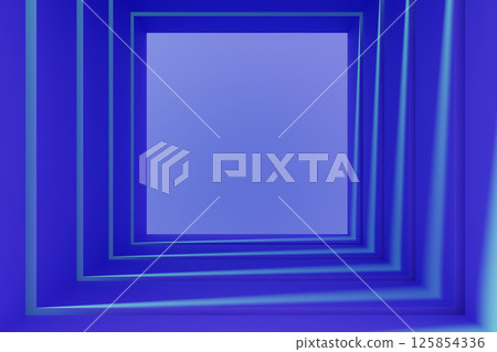 Neon light tunnel 3d background. Blue square corridor perspective with open door, futuristic portal. Abstract geometric hallway room interior, architecture design, render digital tech. 3D illustration 125854336