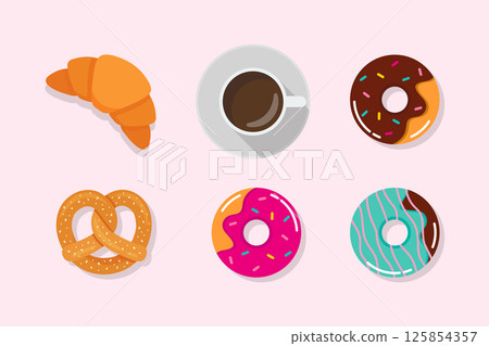 Set of a cup of coffee with snacks. Croissant Pretzel and Donuts. Set of a cup of coffee with snacks. Croissant Pretzel and Donuts. 125854357