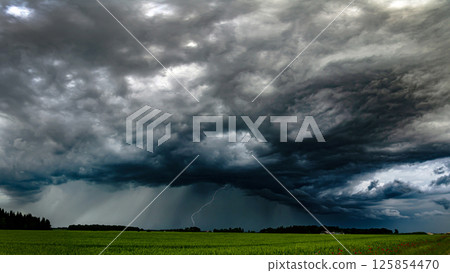 Storm clouds over field, tornadic supercell, extreme weather, dangerous storm, climate change 125854470