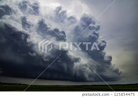 RAIN DAY. Hurricane season. World Meteorological Day. Global Climate Change awareness. Stormy Supercell cumulonimbus clouds forming before thunderstorm on dark sky. 125854475