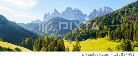 Breathtaking mountain landscape with green forest and peaks at sunrise near Valley of Funes at Dolomites, Italy 125854491
