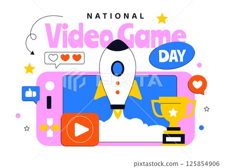 National Video Game Day Vector Illustration Featuring a Modern Game Console, Professional Gamer Setup, and Live Streaming Concept Background National Video Game Day Vector Illustration Featuring a Modern Game Console, Professional Gamer Setup, and Live Streaming Concept Background 125854906