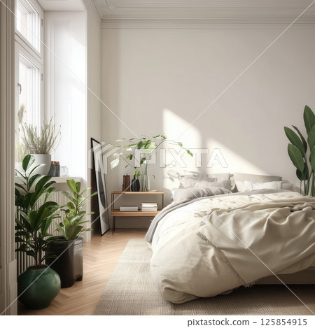 Blank white wall in bright white minimal contemporary bedroom interior, white bed linen and green houseplants, boho home decor style 125854915