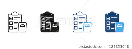 Weight Management Plan Line and Solid Icon Set. Checklist with Scale Representing Health Tracking Symbol Collection. Diet Plan Icon. Isolated Vector Illustration Weight Management Plan Line and Solid Icon Set. Checklist with Scale Representing Health Tracking Symbol Collection. Diet Plan Icon. Isolated Vector Illustration 125855048