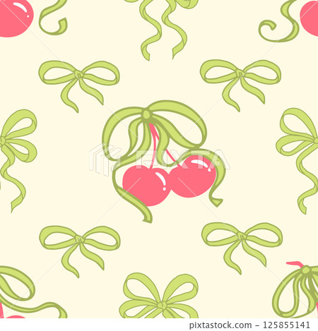 Coquette Cherry with bows Seamless Pattern. Cute Red berries with Green ribbons on pastel yellow background. Feminine Romantic art for Wedding celebration, party decoration, gift, present concept. 125855141