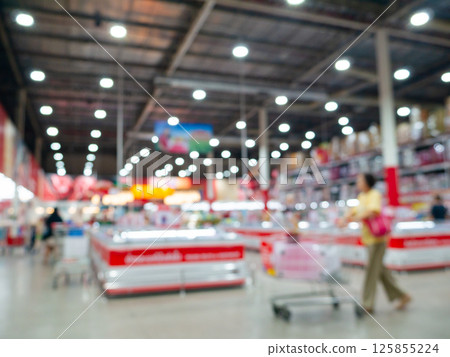Blurred view of modern supermarket store background. Shopping in hypermarket superstore defocused bokeh light background. 125855224
