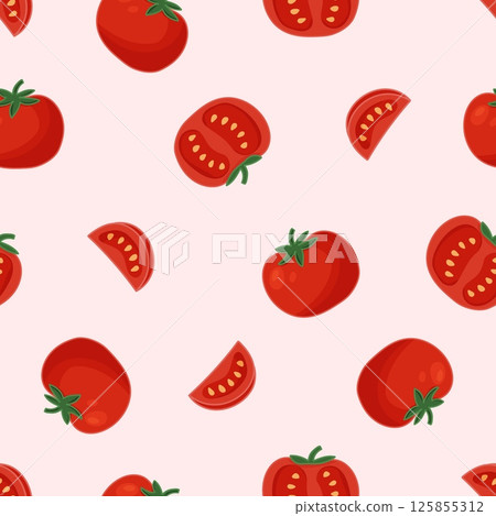 Seamless pattern with tomatoes on light pink background 125855312