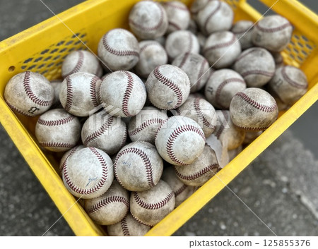 Many dirty baseballs in a basket Many dirty baseballs in a basket 125855376