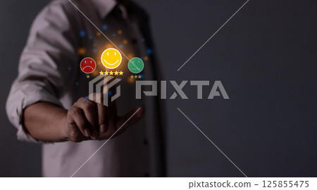 Young Man hand touching five star to review and give 5 stars  125855475