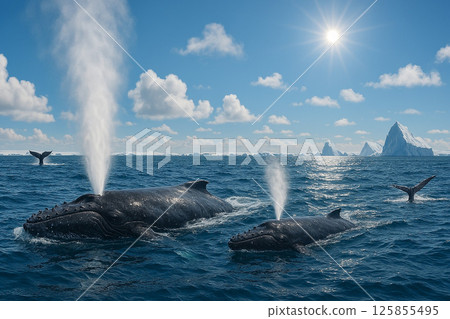 A mother and baby whale in the vast Antarctic ocean 125855495